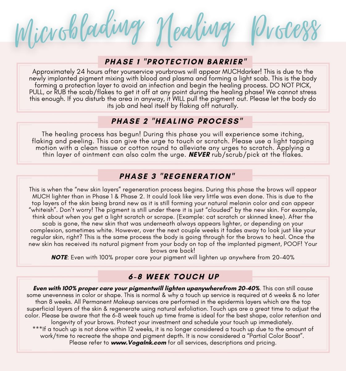 Microblading aftercare instructions how to take care of your brows at home through the stages of microblading healing process. Brow microblading Day by Day healing process guide.