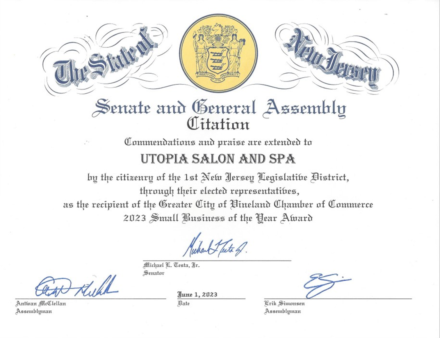 Senate and General Assembly Citation